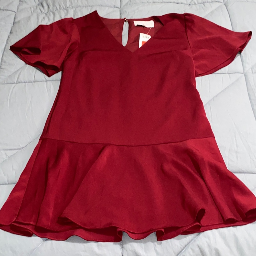 Charles Henry Burgundy V-Neck Drop Waist Dress